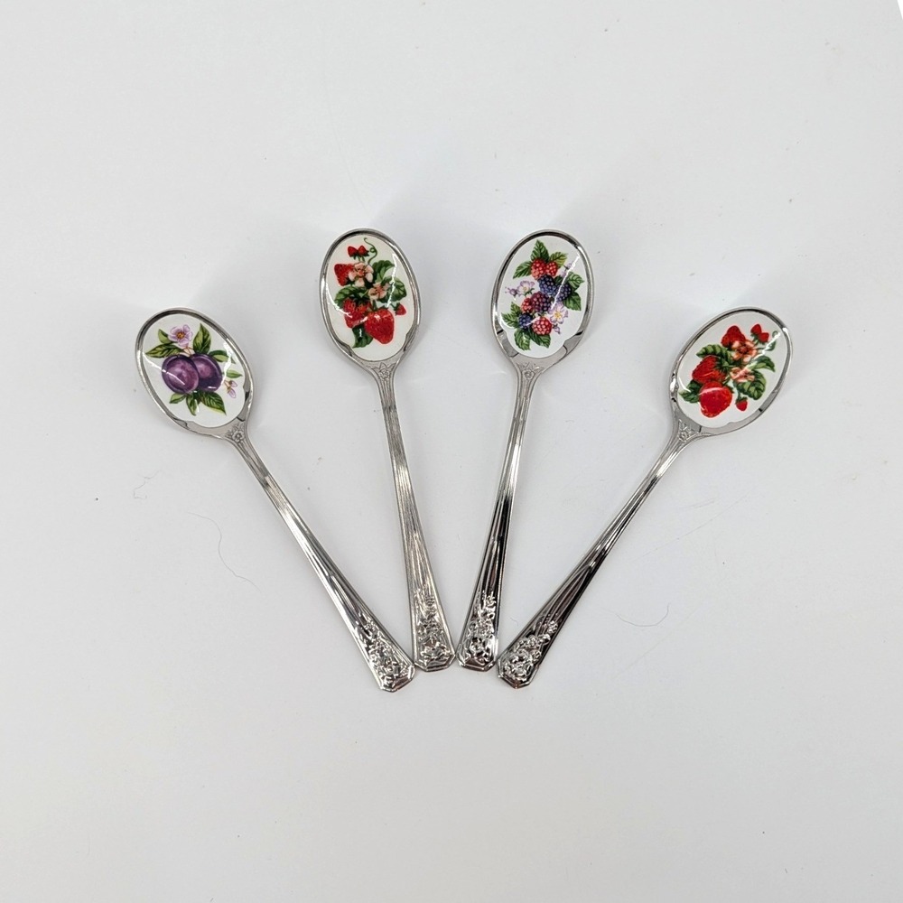 Avon Vintage Demitasse Jam Spoons Set of 4 Fruit Porcelain Inlay Stainless Japan
